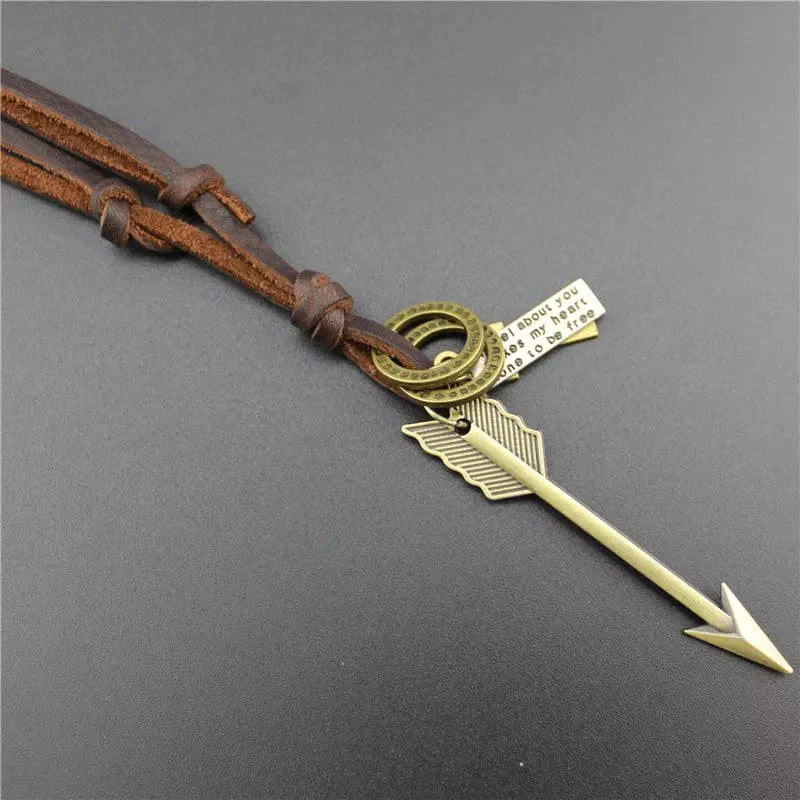 Piercing Heart - Vintage Alloy Golden Arrow Pendant With Adjustable Pure Leather Cord Necklace For