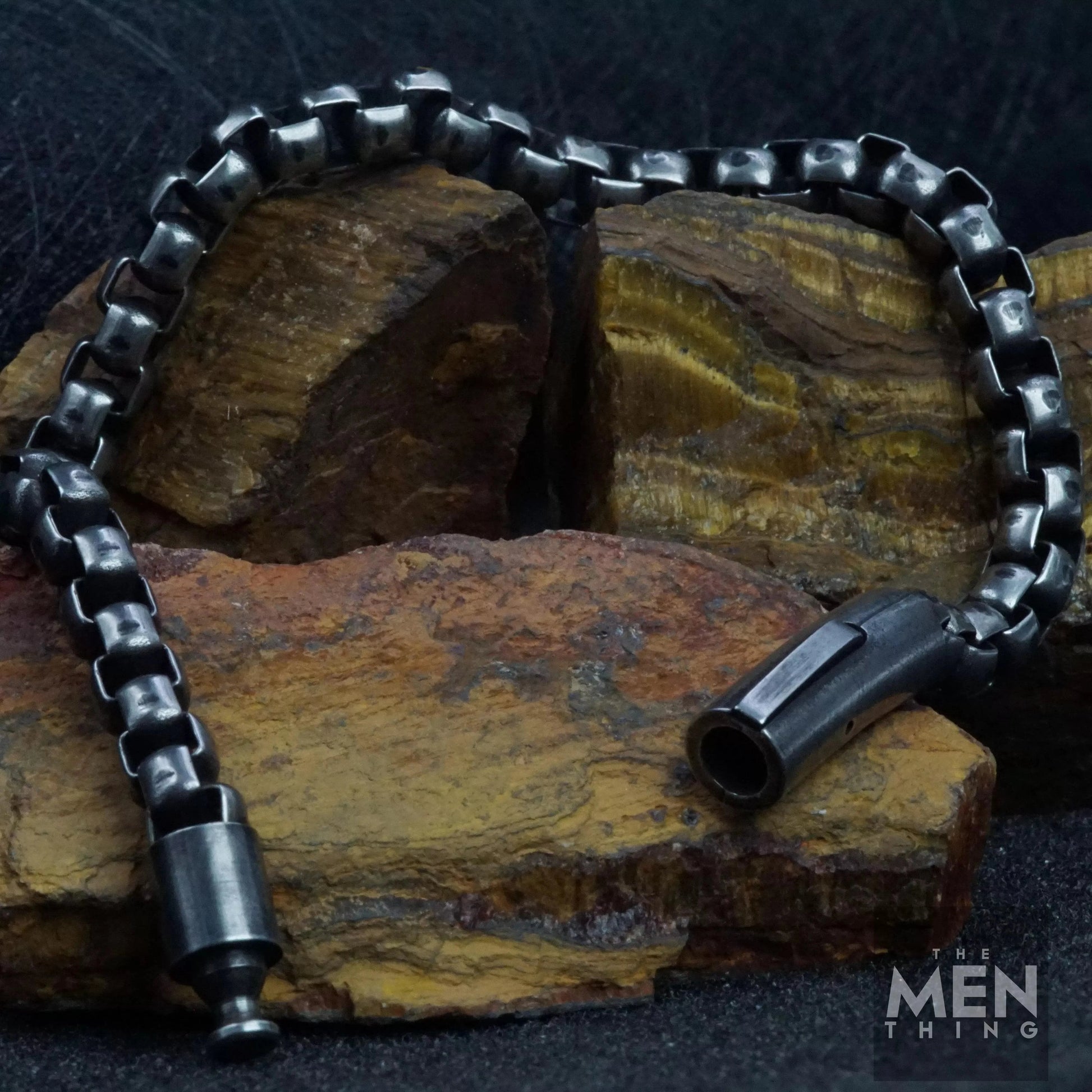 THE MEN THING 5mm Pure Stainless Steel Antique Black Square Rolo Link Round Box Chain Bracelet 9 inch for Men & Boys