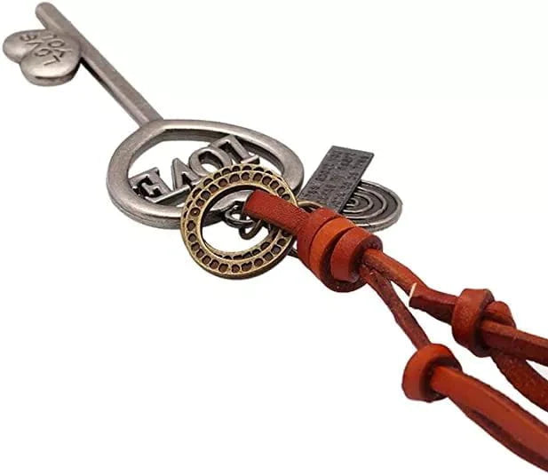 Key To Heart - Vintage Alloy Key Heart Pendant With Adjustable Pure Dark Brown Leather Cord Necklace
