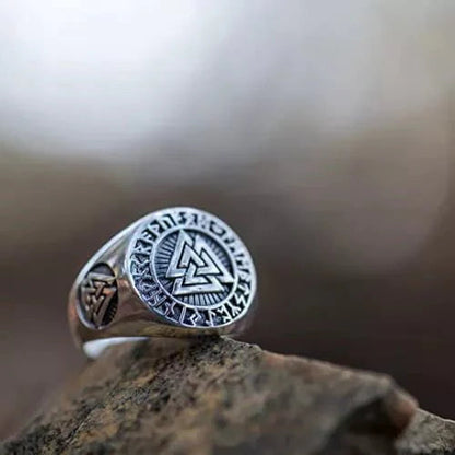 THE MEN THING Pure Titanium Steel Ring - Triple Valknut Ring with Rune Circle Symbol, Odin Symbol - Norse Scandinavian Viking Ring for Men & Boys ( Stainless Steel, Size : 16,17,21,26)