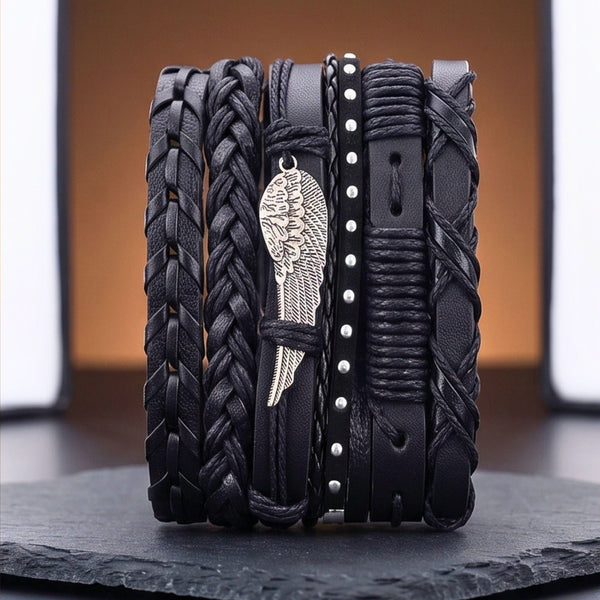 WINGCORE - 6 Pcs Genuine Leather Adjustable Bracelet for Men & Boys