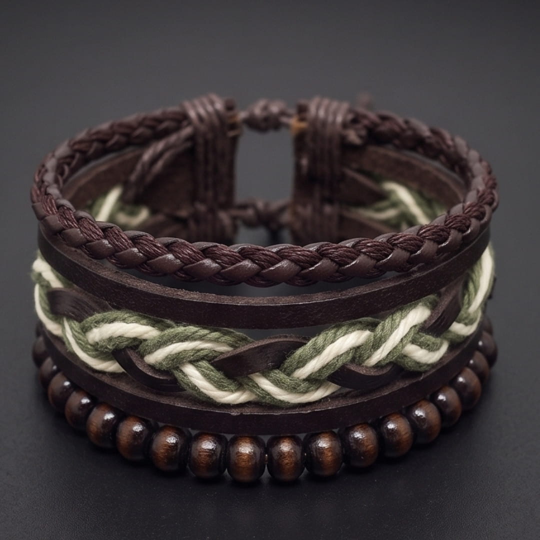 MOSS RIDGE - 3Pcs Genuine Leather Adjustable Bracelets Set for Men & Boys