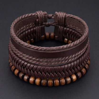 OAKEN EDGE - 3Pcs Genuine Leather Adjustable Bracelets Set for Men & Boys