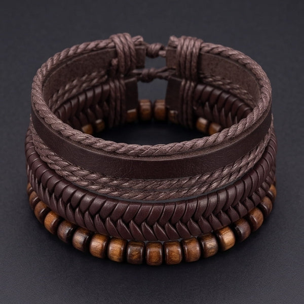 OAKEN EDGE - 3Pcs Genuine Leather Adjustable Bracelets Set for Men & Boys