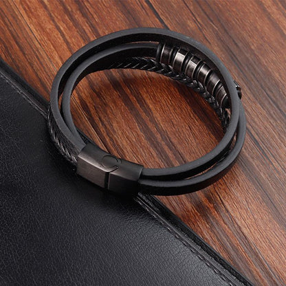 NOIR BRAID BLACK - Genuine Leather Multi-Layer Braided Bracelet with Stainless Steel Magnetic Buckle for Men & Boys (8 inch)