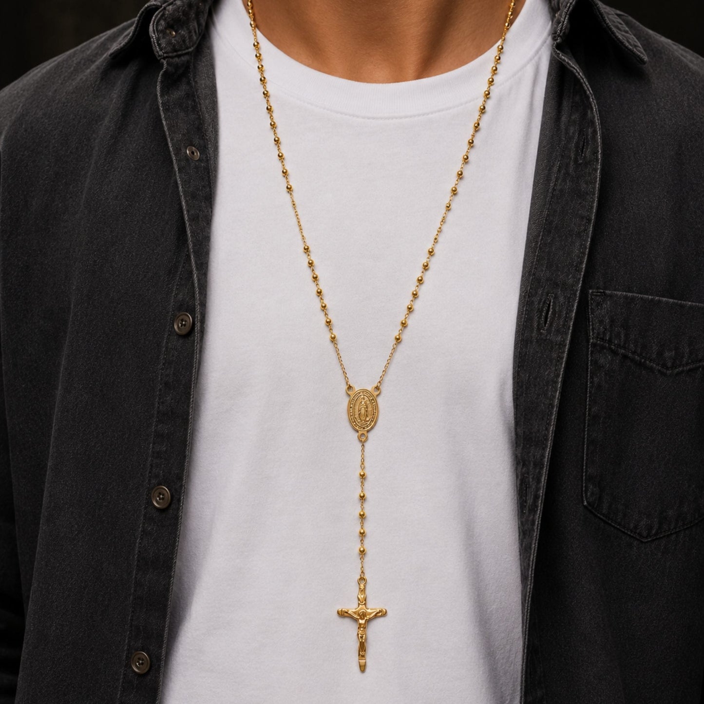 MIRACULOUS ROSARY - GOLDEN- 21mm Titanium Steel Pendant with 38inch Chain for Men & Boys
