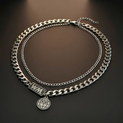WORLD GRID - 13mm Titanium Steel Pendant with 18inch to 20inch Adjustable Cable Chain for Men & Boys