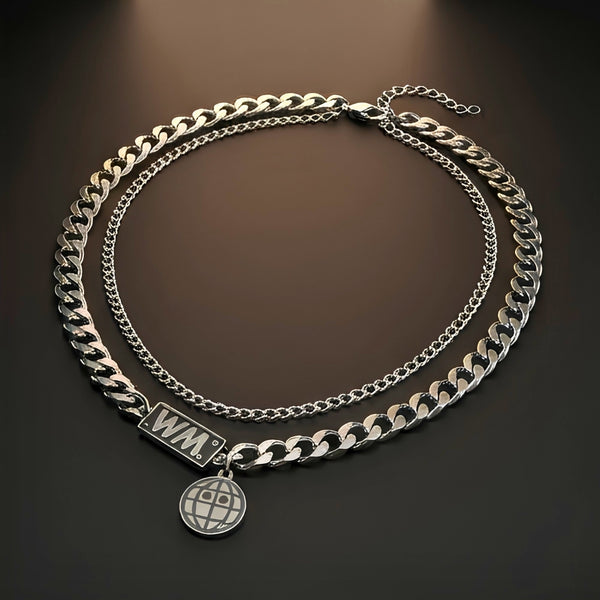 WORLD GRID - 13mm Titanium Steel Pendant with 18inch to 20inch Adjustable Cable Chain for Men & Boys