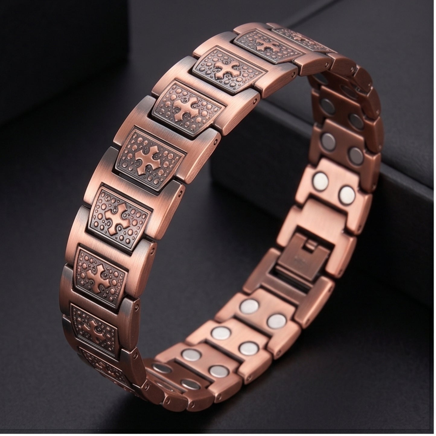 copper Celtic Cross bracelet with open box clasps, showcasing heritage-inspired design and durable craftsmanship.