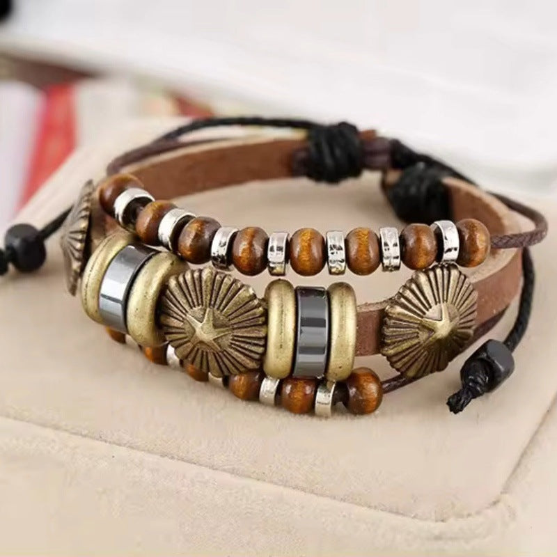 TERRA BROWN - Genuine Leather Multi-Layer Beads Bracelet with Adjustable  Rope for Men & Boys