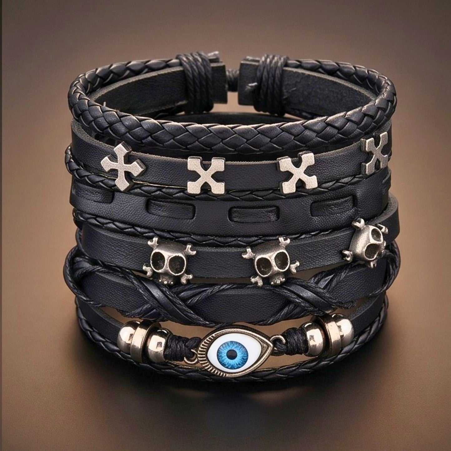 DARK EYE REAPER - 6 Pcs Genuine Leather Adjustable Bracelet for Men & Boys