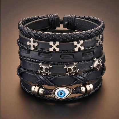 DARK EYE REAPER - 6 Pcs Genuine Leather Adjustable Bracelet for Men & Boys