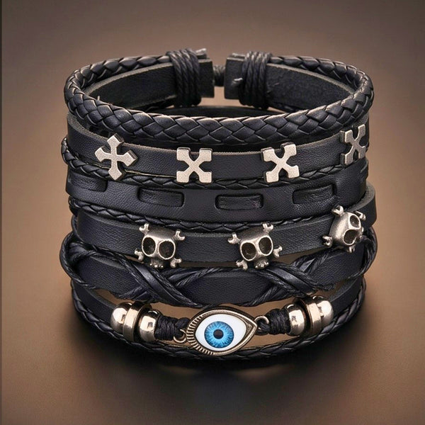 DARK EYE REAPER - 6 Pcs Genuine Leather Adjustable Bracelet for Men & Boys
