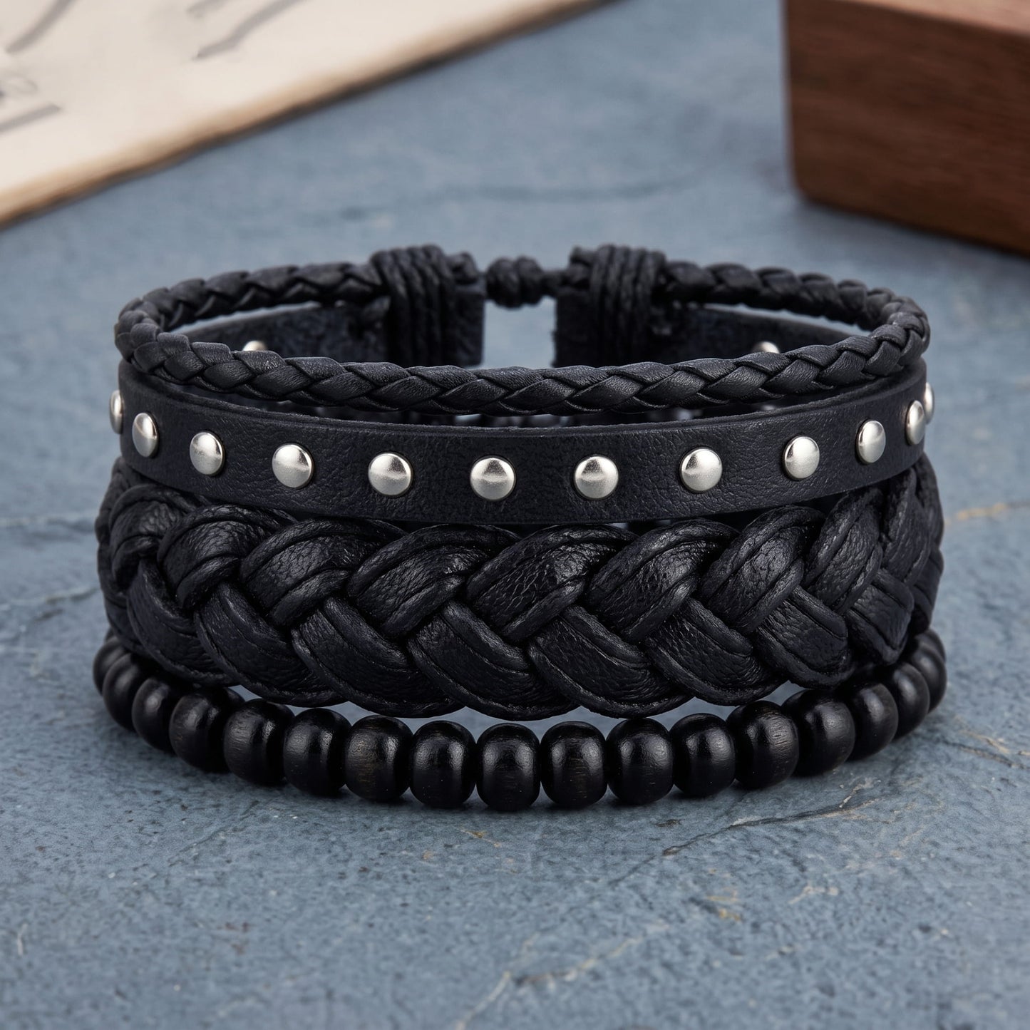 RIVET BRAID - 3Pcs Genuine Leather Adjustable Bracelets Set for Men & Boys