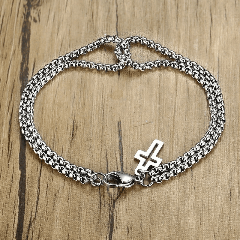 Vectro Nexus - Pure Stainless Steel Double Chain Cross Hollow Bracelet 8 Inch With Lobster Claw