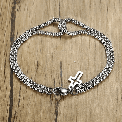 Vectro Nexus - Pure Stainless Steel Double Chain Cross Hollow Bracelet 8 Inch With Lobster Claw