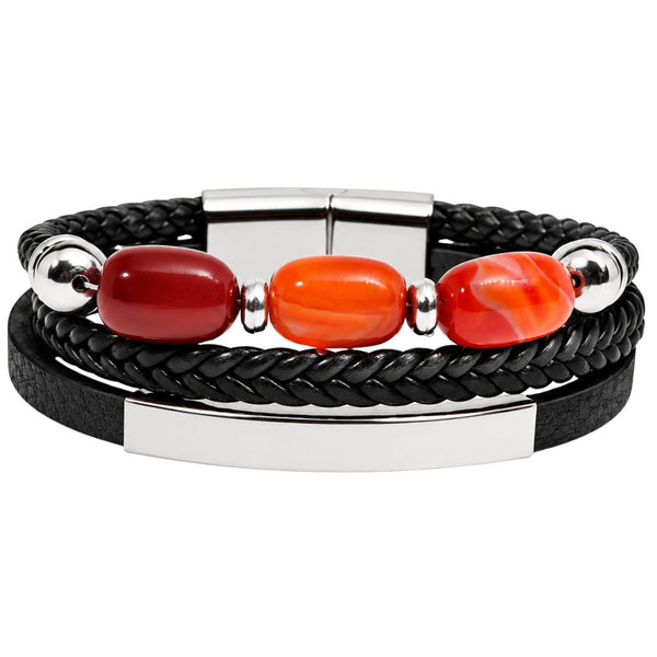 ENGRAVED - CRIMSON TRIO BLACK - 22mm Genuine Leather Multi-Layer Bracelet with Stainless Steel Magnetic Buckle for Men & Boys (8 inch)