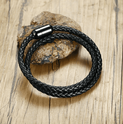 STARRY TWINE BLACK - American Style Genuine Braided Leather Bracelet with Stainless Steel Clasp Magnetic Buckle for Men & Boy (8 inch)