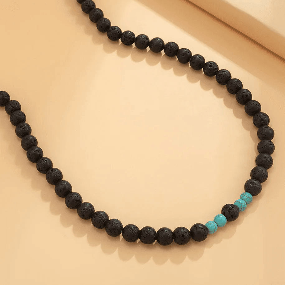 Cool Fab Lagoon - Natural Black Lava Stone With Blue Pearl Necklace Mens & Boys (21 Inch Adjustable
