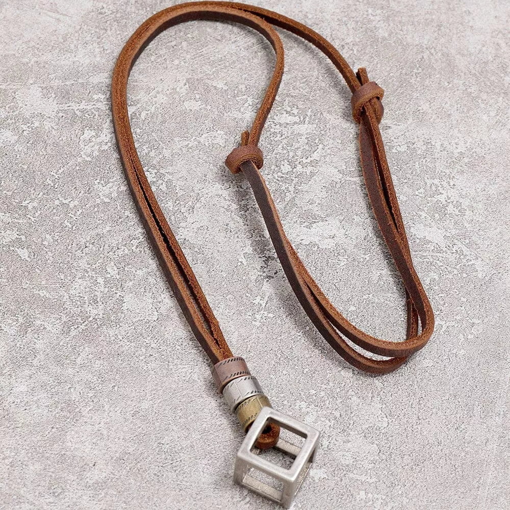Cubicano Brown - Vintage Alloy Cube Pendant With Adjustable Pure Leather Cord Necklace For Men &