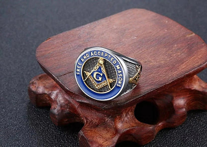 Masonic Signet - Pure Titanium Rings For Men Luxury Style Blue Gold Tone (Size:  17-21- 24)