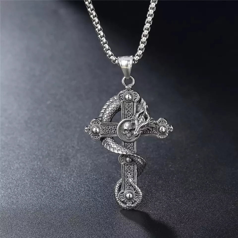 THE MEN THING Alloy Snake Cross Pendant with Pure Stainless Steel 24inch Chain for Men, European trending Style - Round Box Chain & Pendant for Men & Boy