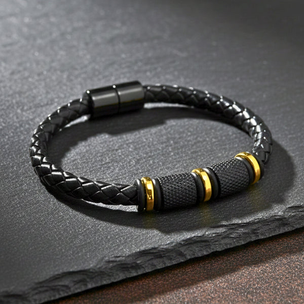 ONYX VALOR - Black 7mm Genuine Leather Bracelet with Stainless Steel Magnetic Buckle for Men & Boys (8 inch)