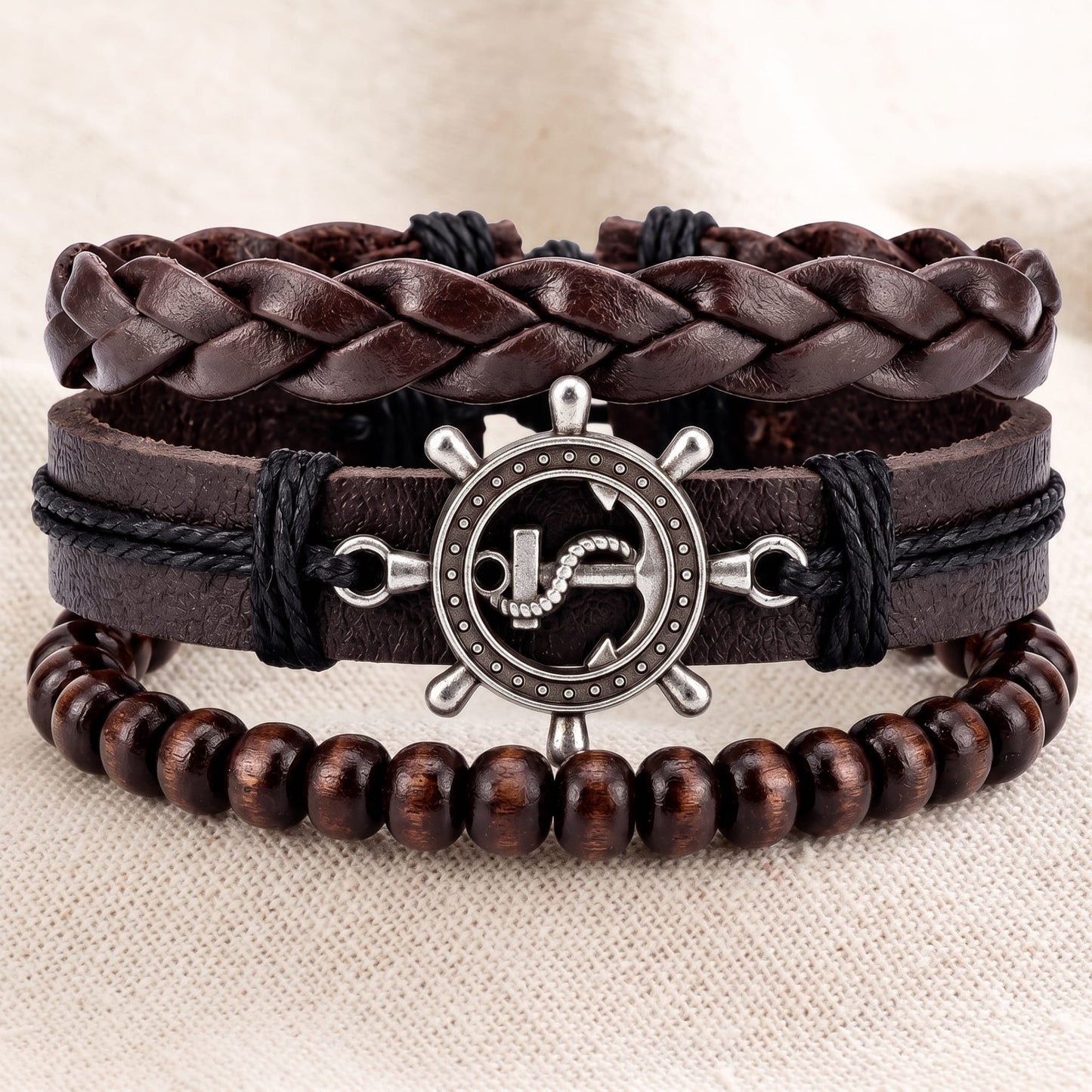 ANCHOR WHEEL - 3Pcs Genuine Leather Adjustable Bracelets Set for Men & Boys