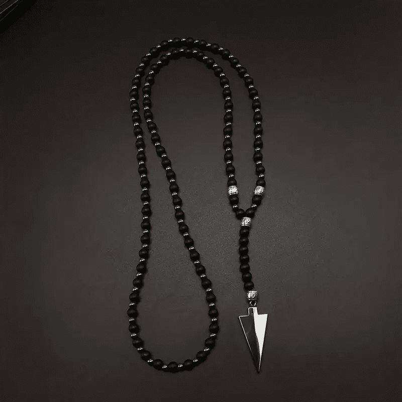 FLETCH ARROW BLACK - "6"mm Black Matte Onyx Round Beads Arrow Necklace for Men and Boys (36 inch )