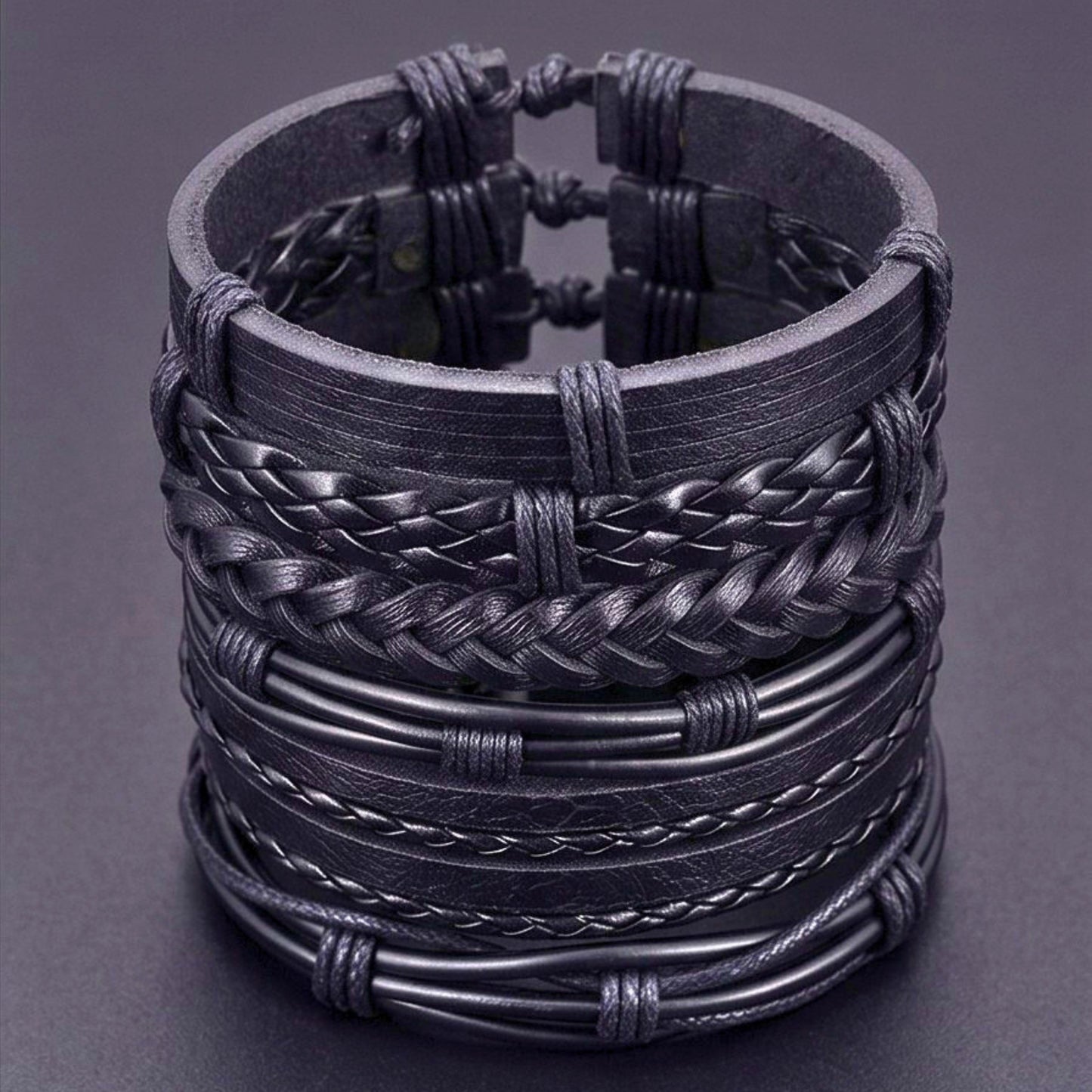 NOIR WEAVE - 6 Pcs Genuine Leather Adjustable Bracelet for Men & Boys