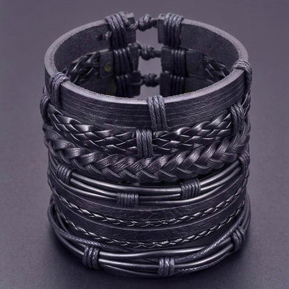 NOIR WEAVE - 6 Pcs Genuine Leather Adjustable Bracelet for Men & Boys