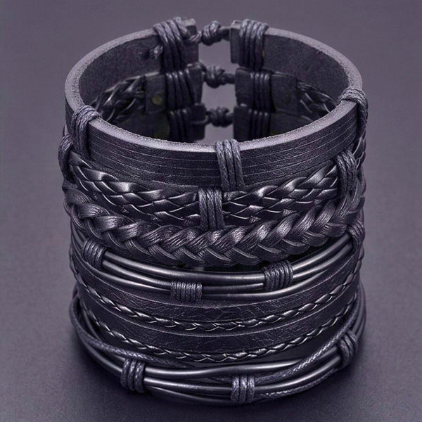 NOIR WEAVE - 6 Pcs Genuine Leather Adjustable Bracelet for Men & Boys