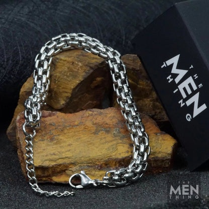 THE MEN THING 7mm Pure Stainless Steel Square Box Link Chain Bracelet, American Style - 8 inch with Adjustable Lobster Claw Buckle for Men & Boys