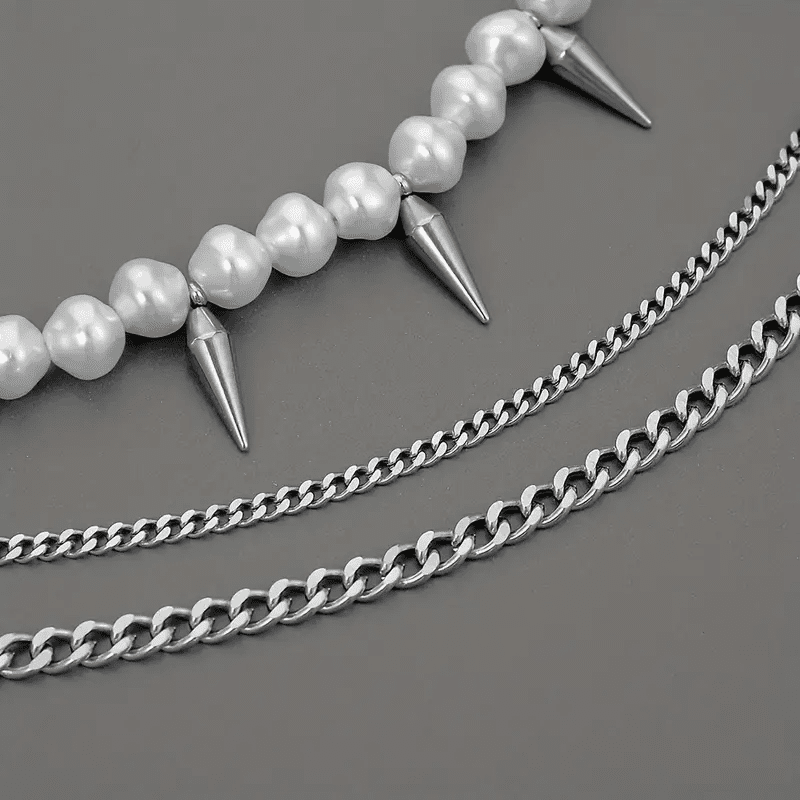 Prismatic Pearl Armory - Pearl Necklace With Man Stainless Steel Cuban Chain Spikes Pendant For Men