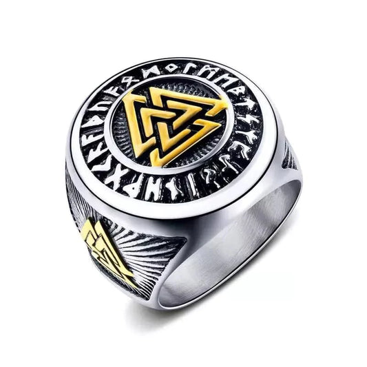 THE MEN THING Pure Titanium Steel Ring - Triple Valknut Ring with Rune Circle Symbol, Odin Symbol - Norse Scandinavian Viking Ring for Men & Boys ( Stainless Steel, Size : 16,17,21,26)