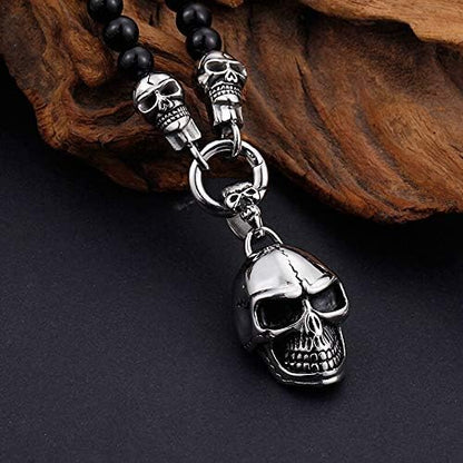 Gothic Skull - Premium Titanium Steel Pendant 8Mm Black Natural Onyx Beads 24Inch Chain For Men &