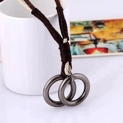 Twin Wheel Two Colour - Vintage Alloy Double Ring Pendant With Pure Leather Cord Necklace For Men &