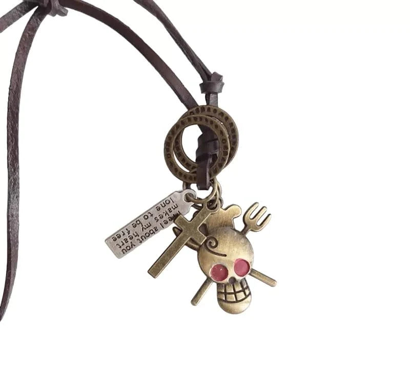 Skull Red Eye Black - Vintage Alloy Golden Skull Pendant With Adjustable Pure Leather Cord Necklace