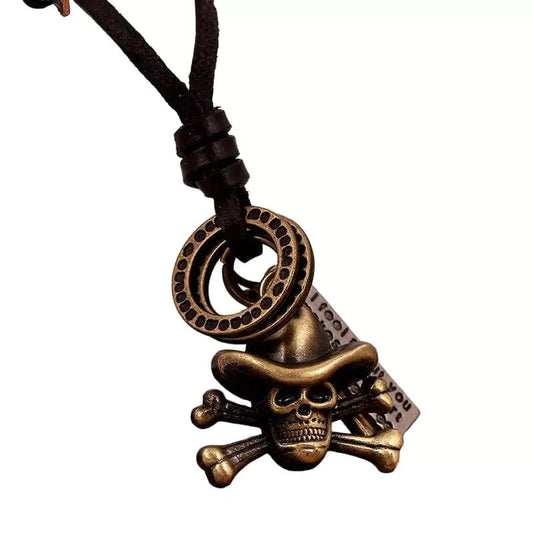 Cowboy Skull - Vintage Alloy Hat Skull Pendant With Adjustable Pure Leather Cord Necklace For Men &