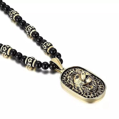 THE MEN THING Pendant for Men - Pure 316L Stainless Steel Lion Head Shield 18K Pvd Gold Plated Necklace with 8mm Black Onyx Beads 27inch Chain for Men & Boys