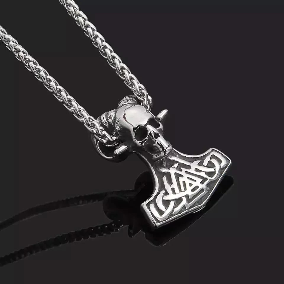 THE MEN THING Pendant for Men - Pure 316L Stainless Steel Vintage Viking, Norse Mythology Mjolnir Baphomet Necklace with 29 inch Chain for Men & Boys