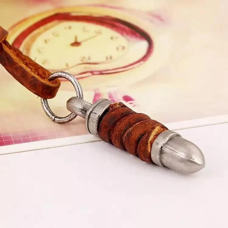 Bulletwrap Brown - Vintage Alloy Bullet Pendant With Adjustable Pure Leather Cord Necklace For Men &