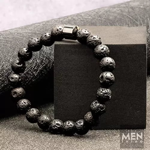THE MEN THING Natural Healing Beads Bracelet for Men - 10mm Natural Beads Stretch Bracelet, Black Lava Rock Beads Bracelet for Men & Boys (7inch)