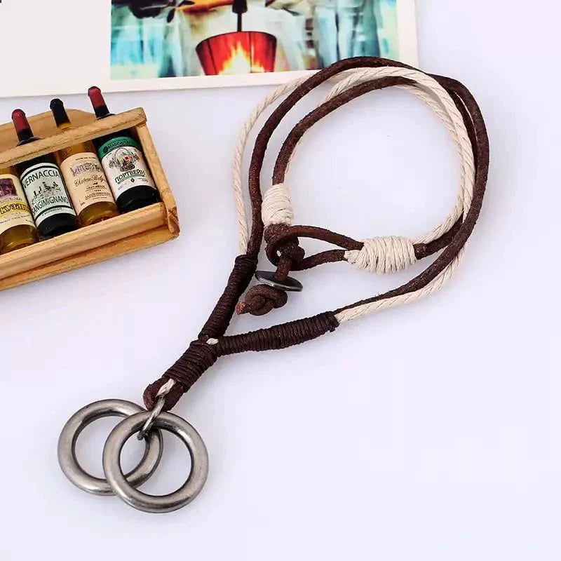 Twin Wheel Two Colour - Vintage Alloy Double Ring Pendant With Pure Leather Cord Necklace For Men &