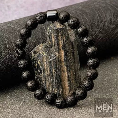 THE MEN THING Natural Healing Beads Bracelet for Men - 10mm Natural Beads Stretch Bracelet, Black Lava Rock Beads Bracelet for Men & Boys (7inch)