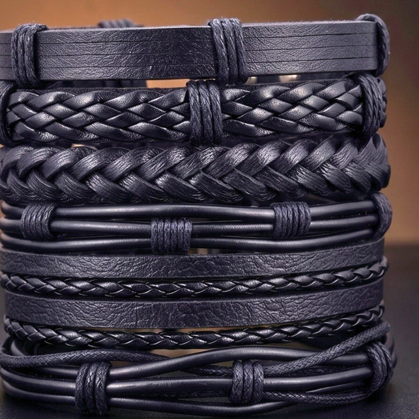 NOIR WEAVE - 6 Pcs Genuine Leather Adjustable Bracelet for Men & Boys