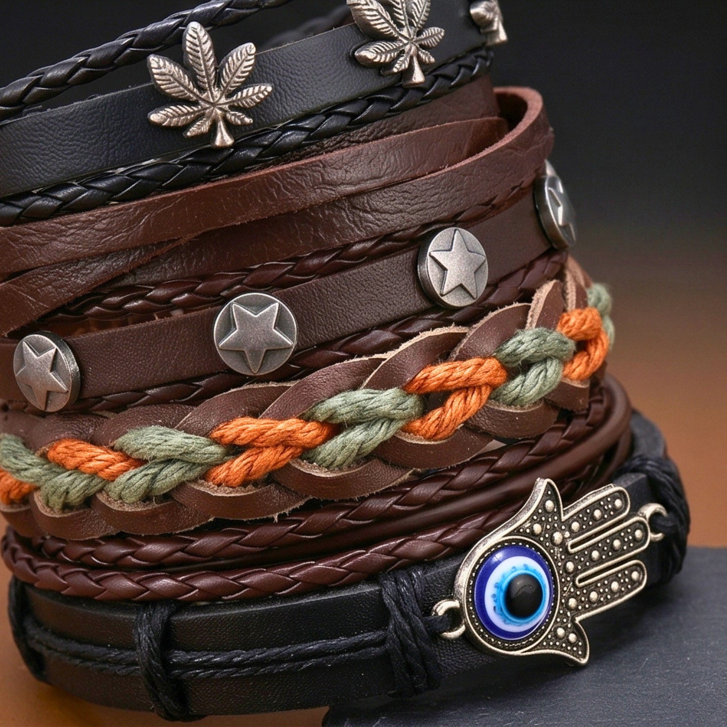 HAMSA CORE - 6 Pcs Genuine Leather Adjustable Bracelet for Men & Boys