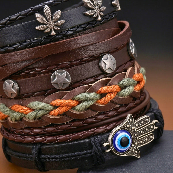 HAMSA CORE - 6 Pcs Genuine Leather Adjustable Bracelet for Men & Boys