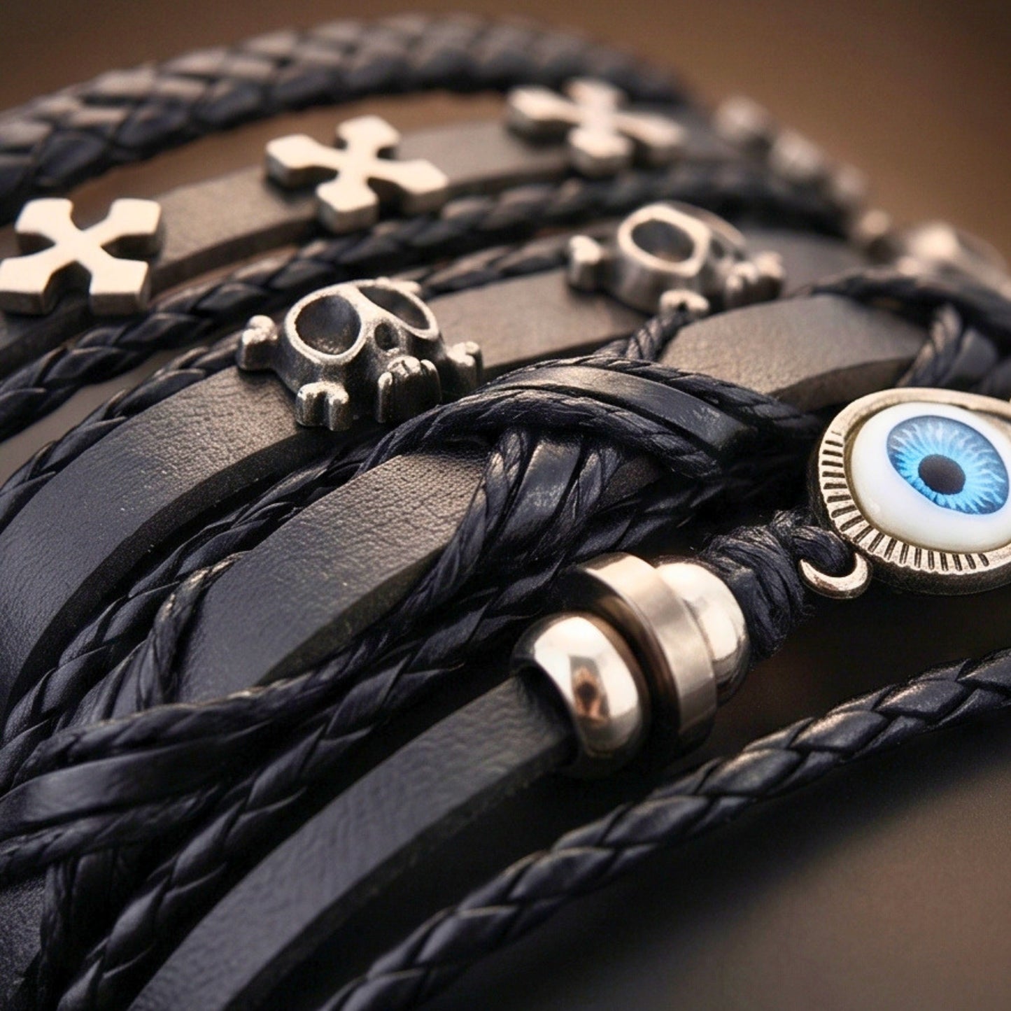 DARK EYE REAPER - 6 Pcs Genuine Leather Adjustable Bracelet for Men & Boys