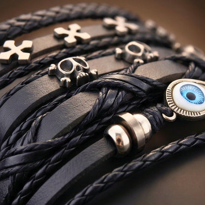 DARK EYE REAPER - 6 Pcs Genuine Leather Adjustable Bracelet for Men & Boys